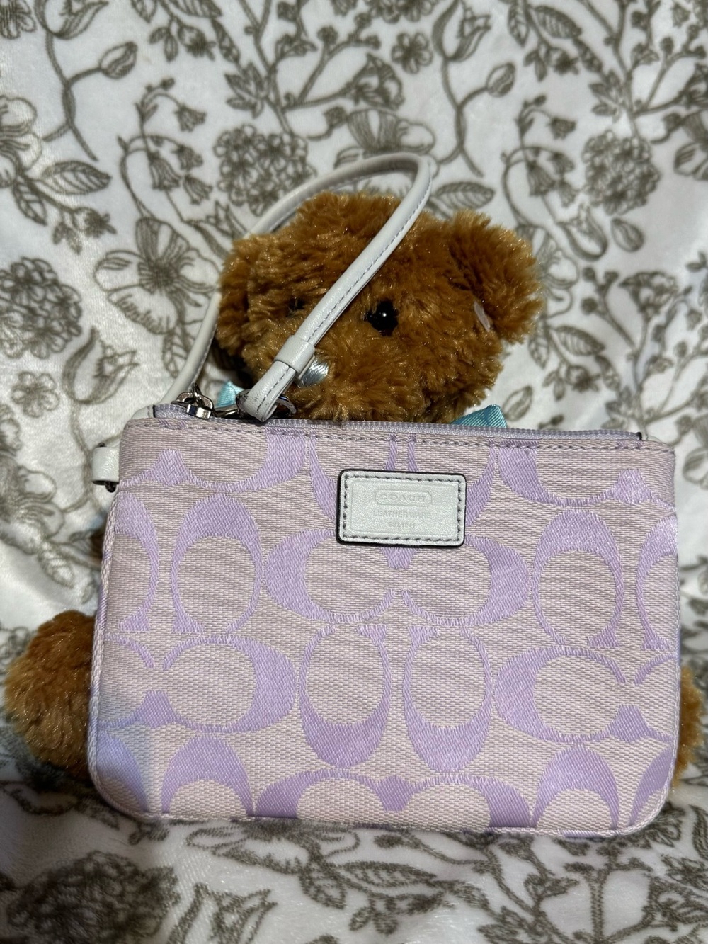 Coach Lavender Signature Canvas Wristlet with White Strap